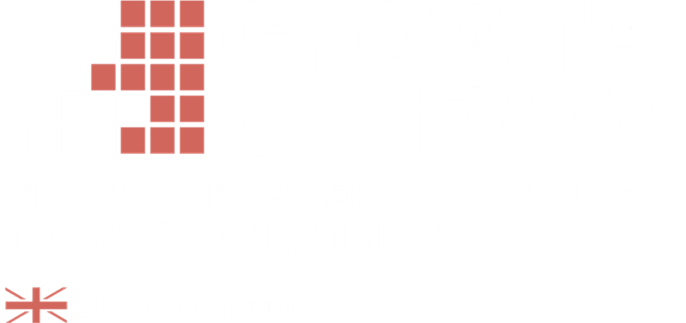 White Growth Gateway Logo, with mission statement "Global Prosperity Through Trade & Investment" and UK Government Logo